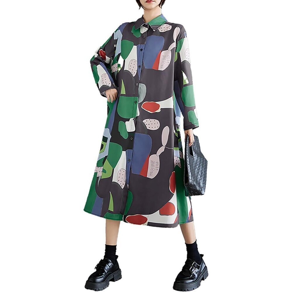 Women's Cotton Polyester Shirt Dress Long Sleeve Loose Button Down Below Knee